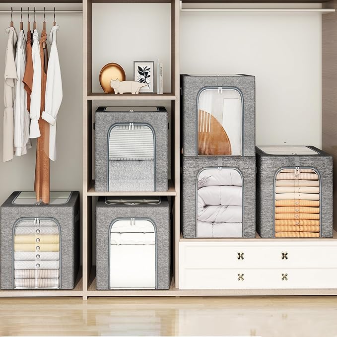GoMaihe Clothes Storage Bins Metal Frame: 55L Extra Large Stackable Closet - Image 6