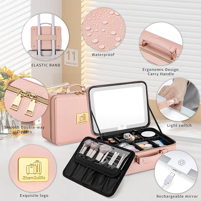 Makeup Bag with LED Mirror & Magnifier, Large Cosmetic Organizer Travel Makeup - Image 5