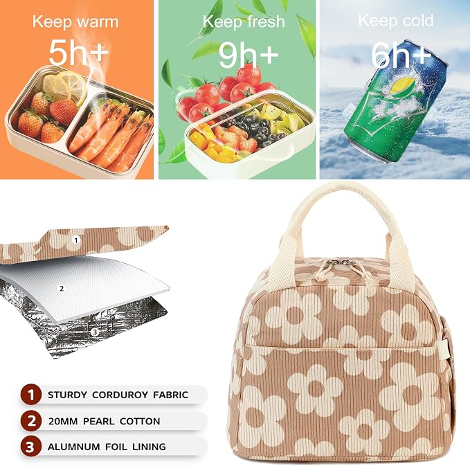 Bluboon Lunch Bag for Women Men Cute Corduroy Lunch Tote Bags Reusable - Image 3