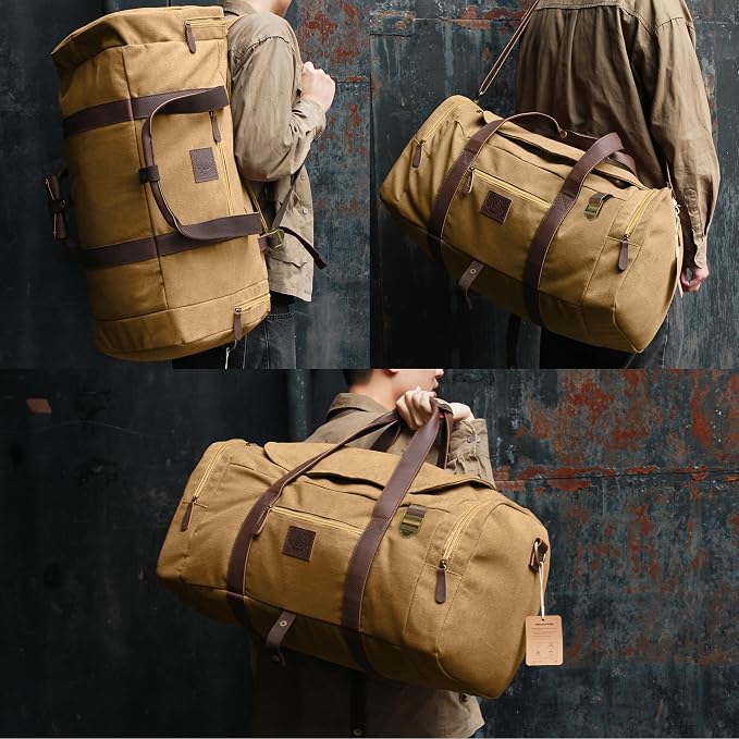 60L Duffle Bag for Men, Nomad Waxed Canvas Travel Duffel Bag Vintage Genuine - Image 2