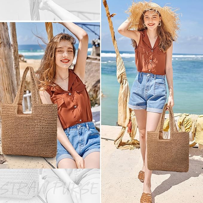 Straw Beach Bags for Women Woven Beach Tote Bag Casual Boho Large Shoulder - Image 2