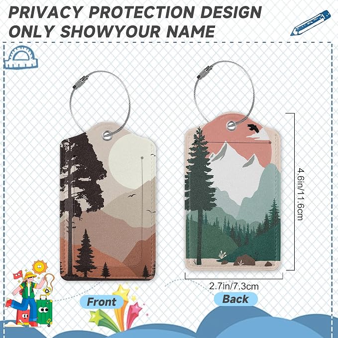2 Pack Luggage Tag for Suitcase, Landscape Pine Trees Mountains Leather Bag - Image 2