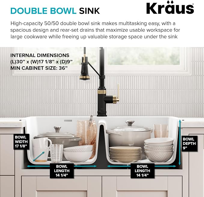 KRAUS Forteza 33-inch Granite Drop In/Undermount 50/50 Double Bowl White - Image 4