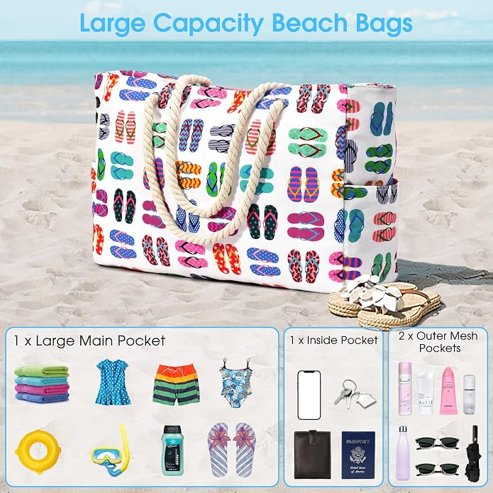 Becokan Beach Bags for Women Large Waterproof Beach Tote Bag Zipper Beach Bags - Image 5