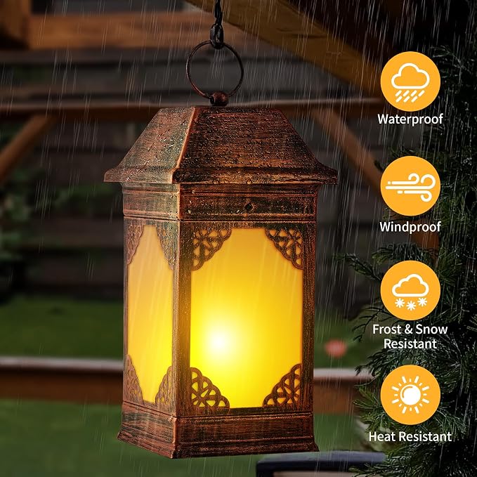 14" Solar Lanterns Outdoor Waterproof, Glass Flickering Flame Solar Lantern - Image 5