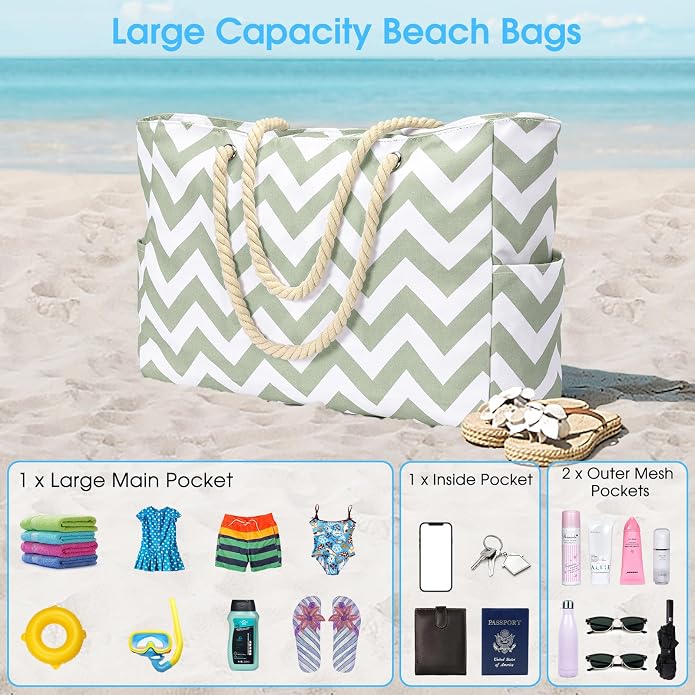Becokan Beach Bags for Women Large Waterproof Beach Tote Bag Zipper Beach Bags - Image 7