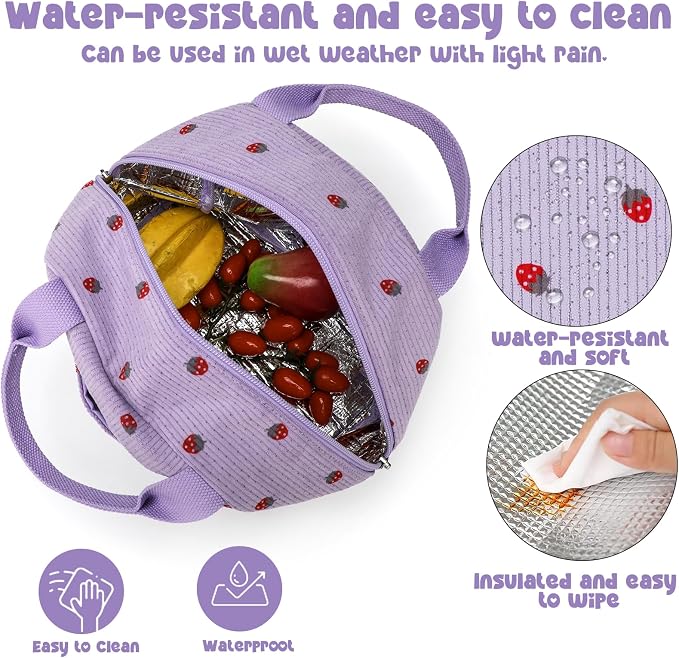 Bluboon Lunch Bag for Women Men Cute Corduroy Lunch Tote Bags Reusable - Image 6