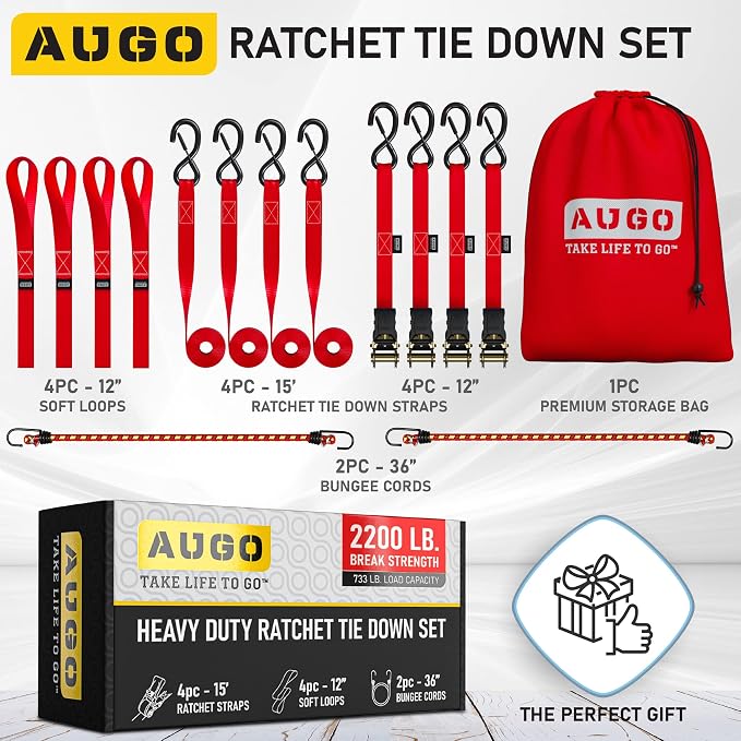AUGO Ratchet Straps Heavy Duty 4 Pack -15 FT - 2200 LB Break Strength – - Cargo - Image 5