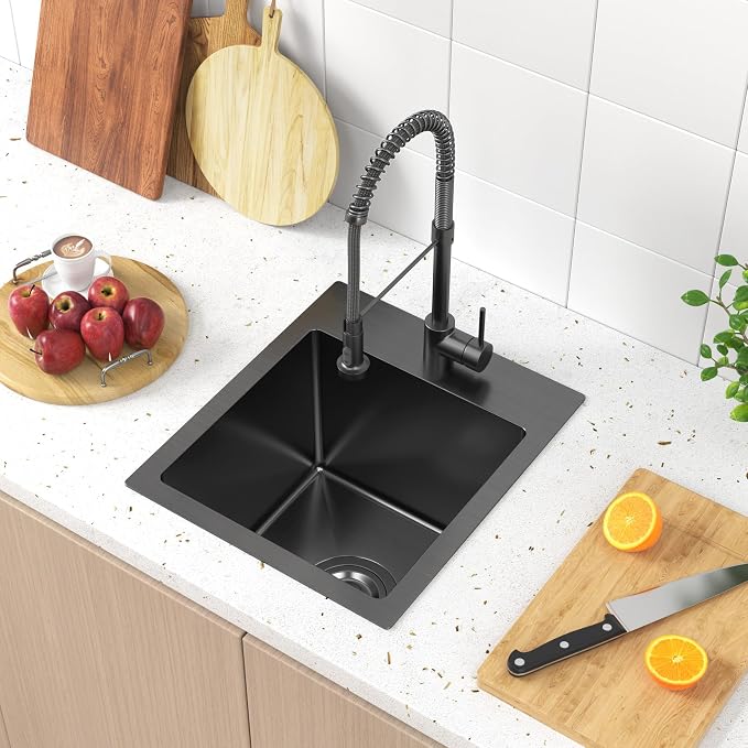 13 x 15 inch Drop in Bar Sink Black, Small Topmount Kitchen Sink Single Bowl 18 - Image 7