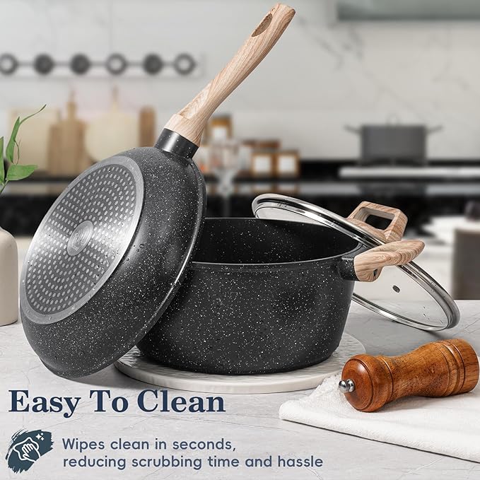 12 Pcs Pots and Pans Set, Nonstick Cookware Sets Black Granite Induction - Image 2