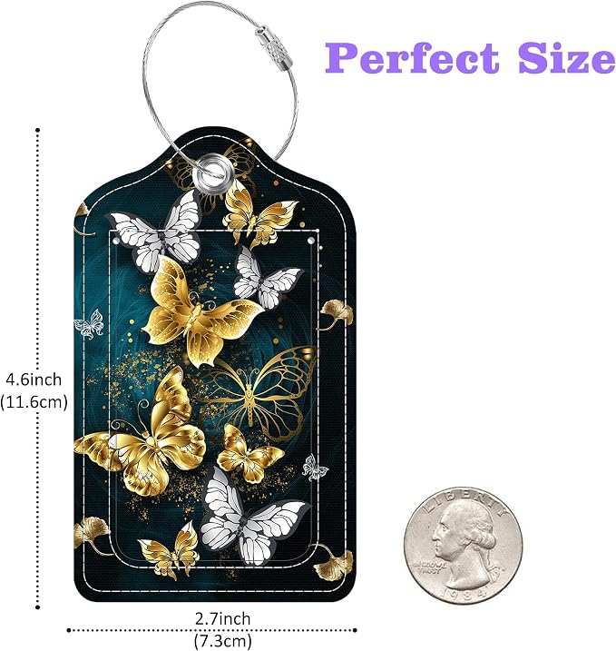 Set of 2 Luggage Tags Golden and White Butterfly Leather Suitcases Tag - Image 2