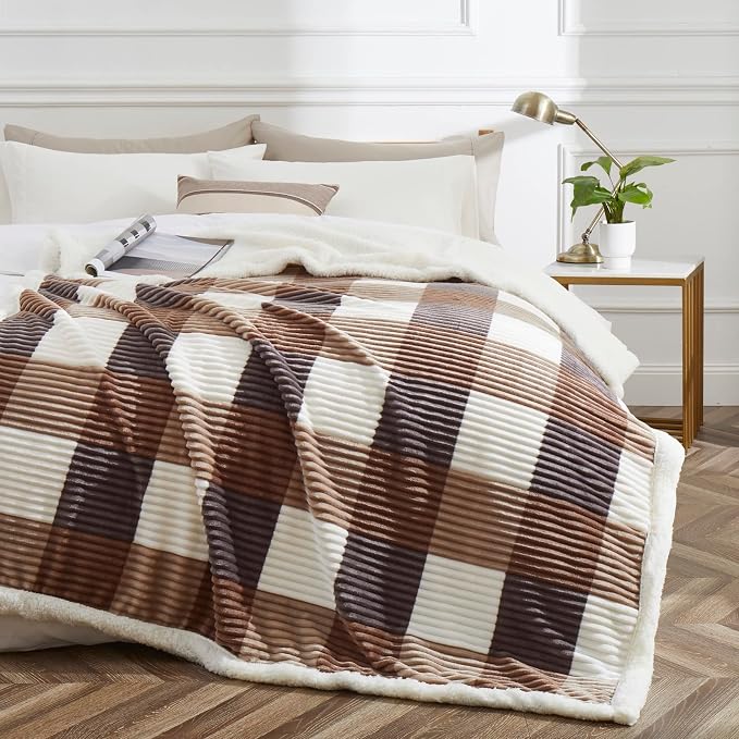 PU MEI Sherpa Blanket Twin Plaid Thick Bed Blanket, 60”*80” Super Soft Flannel - Image 2