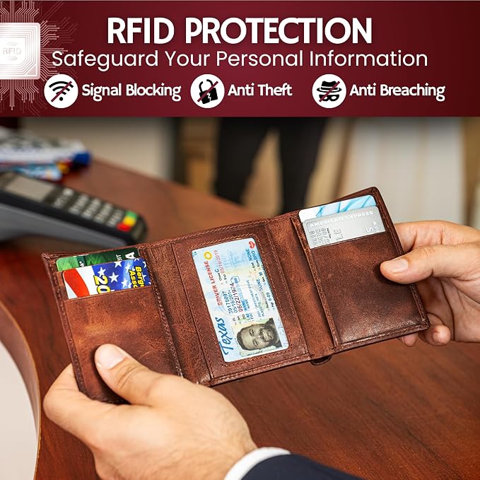 BULL GUARD Best Leather Men's RFID Trifold Wallet - Image 5