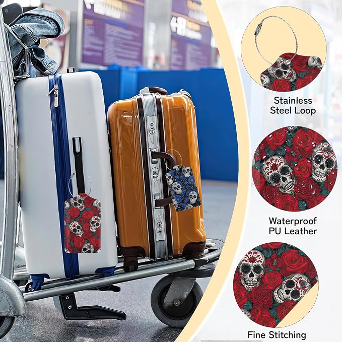 3 Pack PU Sugar Skull and Flowers Leahter Luggage Tag - Image 5