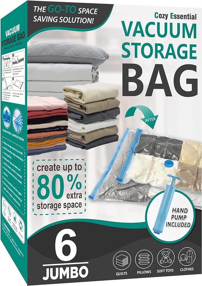 6 Jumbo Vacuum Storage Bags, Space Saver Bags Compression Storage Bags by CozyEssential