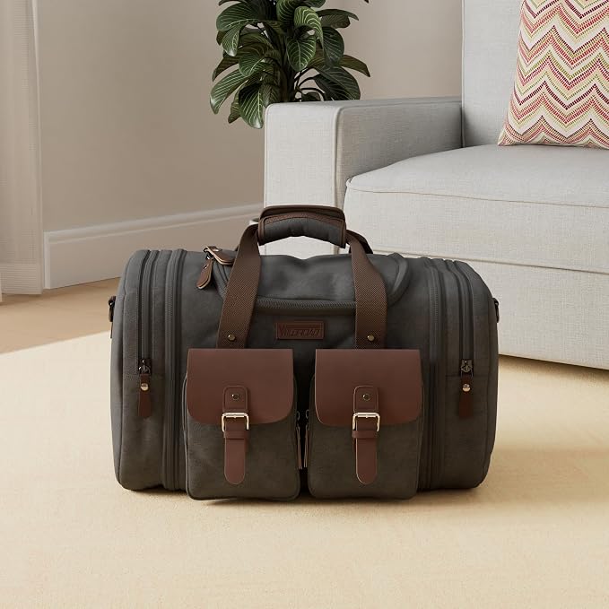 Wildroad 60L Travel Duffel Bag, Expandable Canvas Genuine Leather Duffle Bag - Image 2