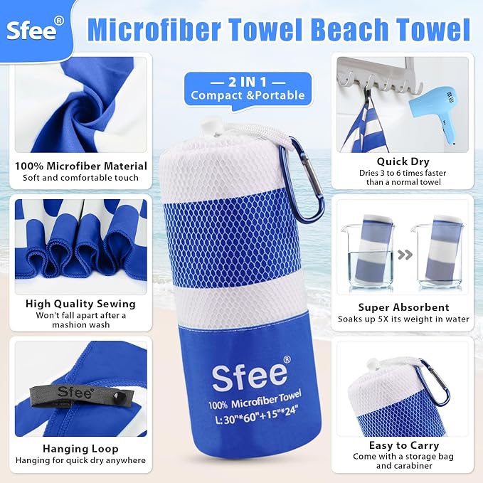 Sfee 2 in 1 Microfiber Oversized Beach Towel, Quick Dry Towel Travel Camping - Image 2