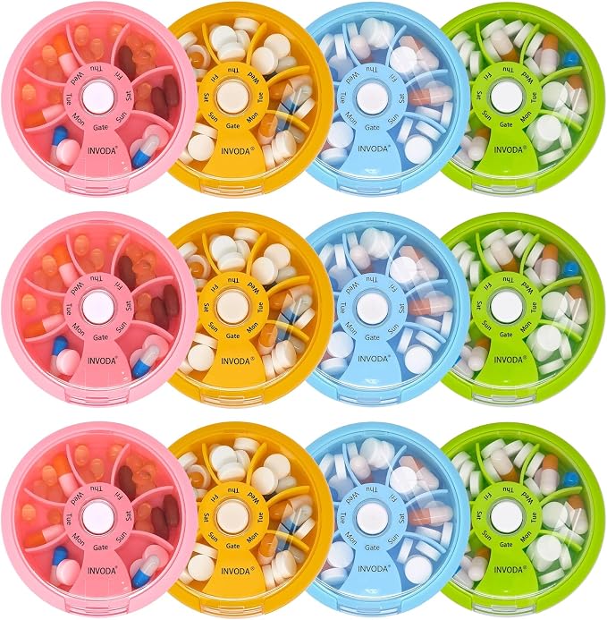 12PCS INVODA Weekly Pill Organizer 7 Compartment Rotating Pill Box by INVODA