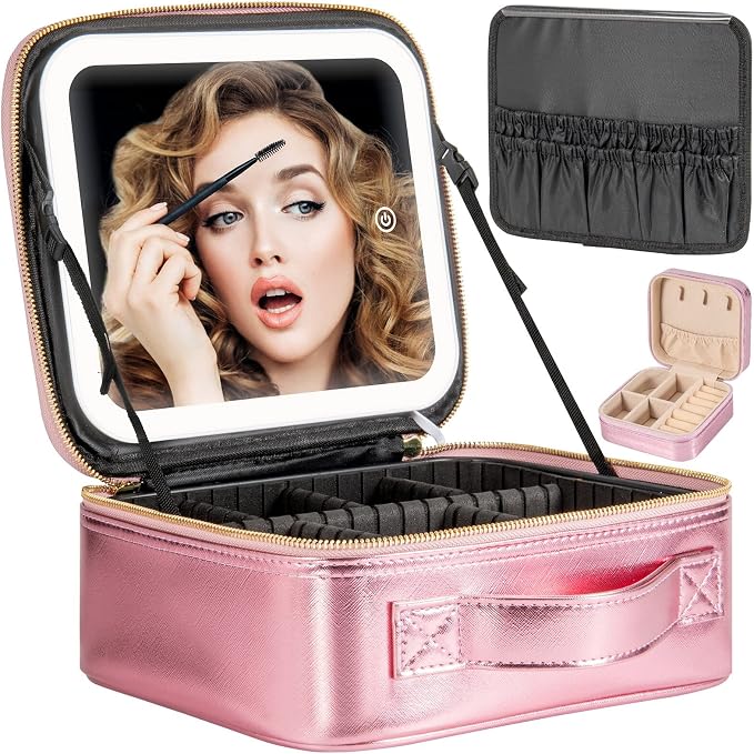 Makeup Travel Train Case with Mirror LED Light 3 Adjustable Brightness Large by Extrei+Gent