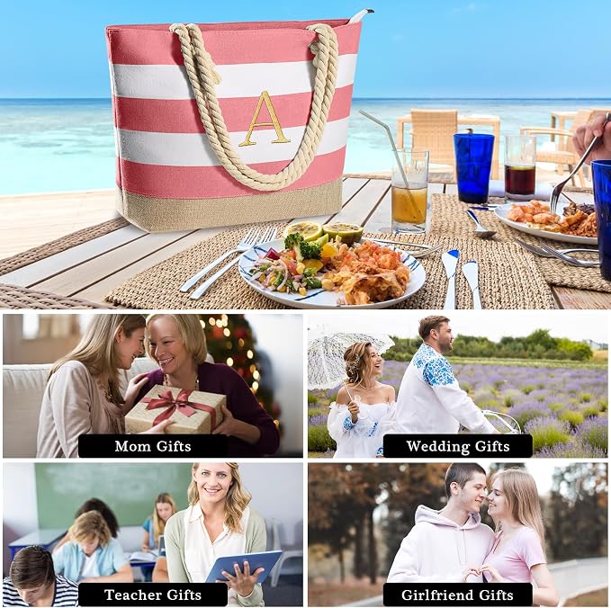 YOOLIFE Initial Canvas Waterproof Beach Tote Bag Zipper Personalized Gifts - Image 2