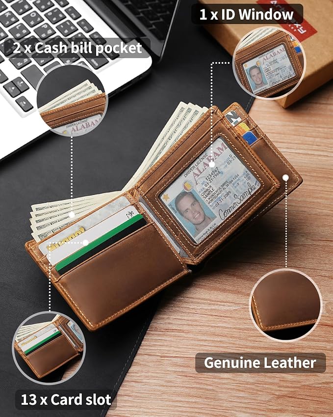 Mens Wallet Genuine Leather Bifold RFID Blocking Wallet - Image 5
