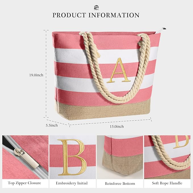 YOOLIFE Initial Canvas Waterproof Beach Tote Bag Zipper Personalized Gifts - Image 5