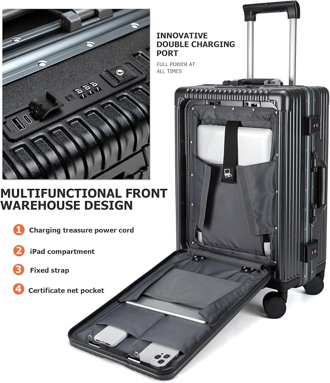 feilario 24in Aluminium Frame PC Hard Shell Spinner Wheels Luggage, Built-In - Image 4