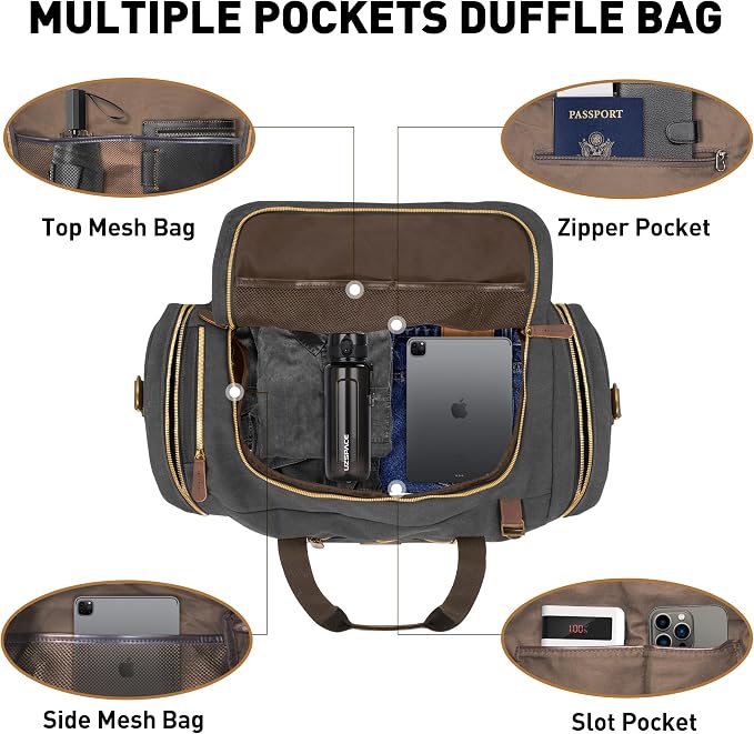 60L Travel Bags for Men, Nomad Canvas Duffle Bag Vintage Genuine Leather Travel - Image 4
