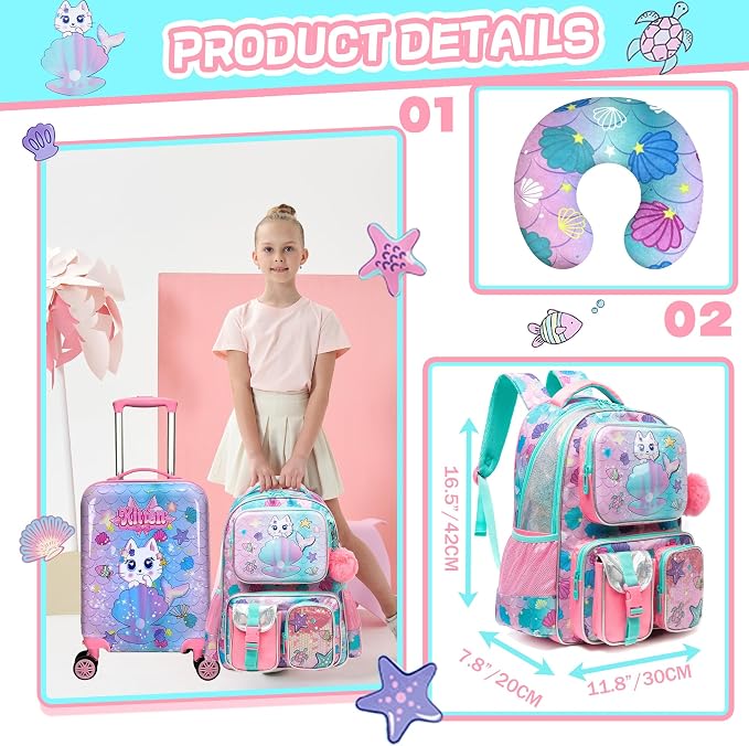 Cute Cat Kid’s Luggage Set 5 Piece Suitcase Set 16’’ Hardside Luggage - Image 3