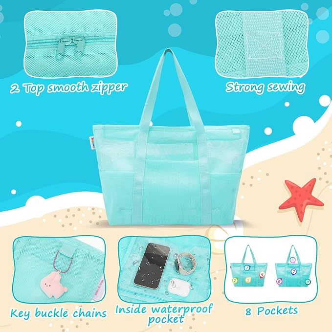Tagitary Mesh Beach Bag with Zipper Large Beach Tote Waterproof Sandproof with - Image 3