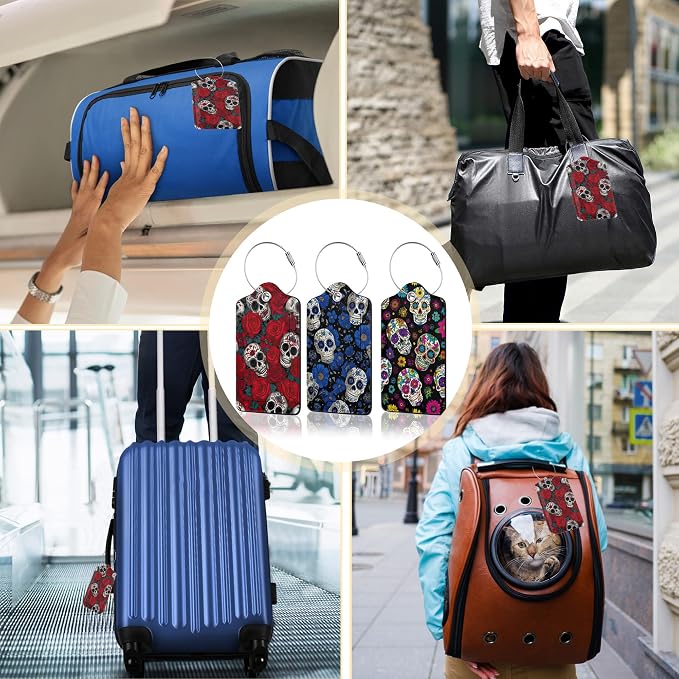 3 Pack PU Sugar Skull and Flowers Leahter Luggage Tag - Image 7