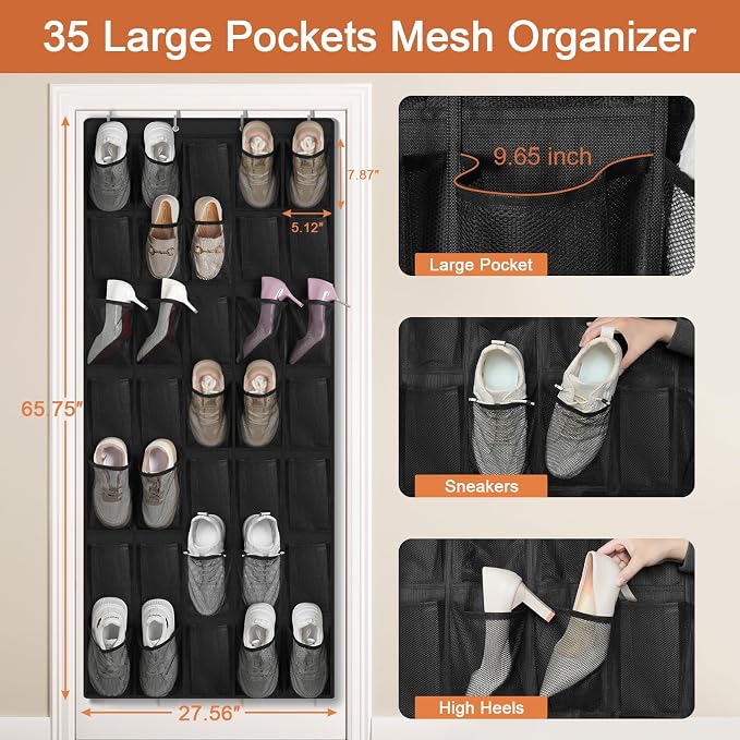 FENTEC 35 Large Pockets Over The Door Shoe Organizer, Mesh Hanging Shoe - Image 6