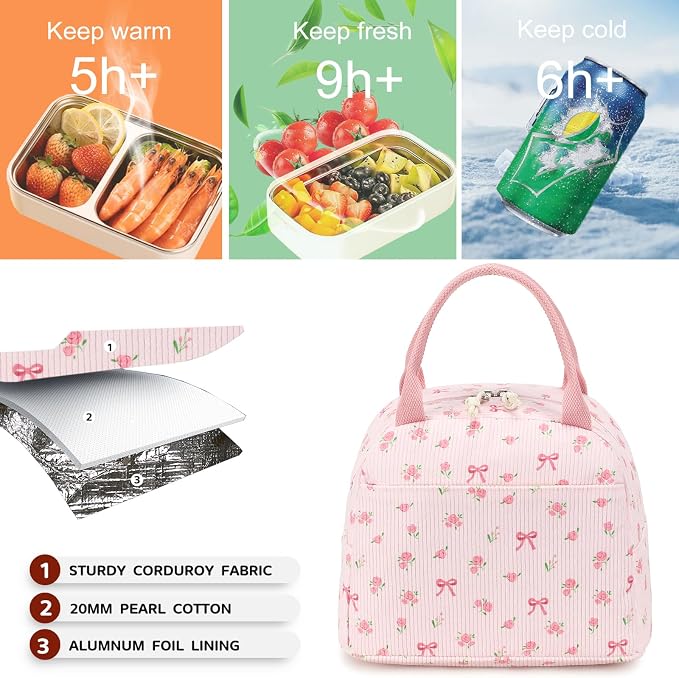 Bluboon Lunch Bag for Women Men Cute Corduroy Lunch Tote Bags Reusable - Image 3