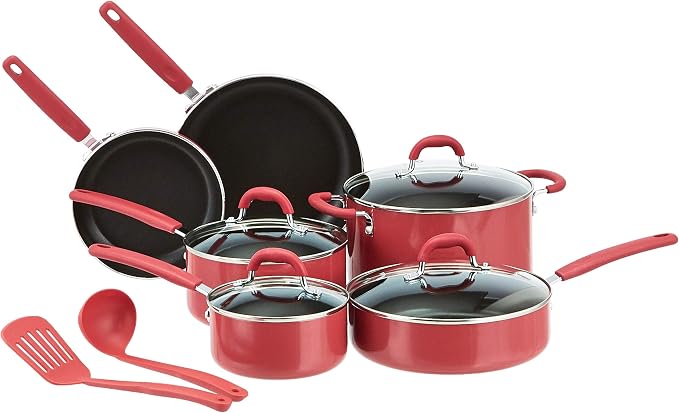 Amazon Basics Aluminum NS 12pc Red cookware set, 12 piece by AmazonBasics