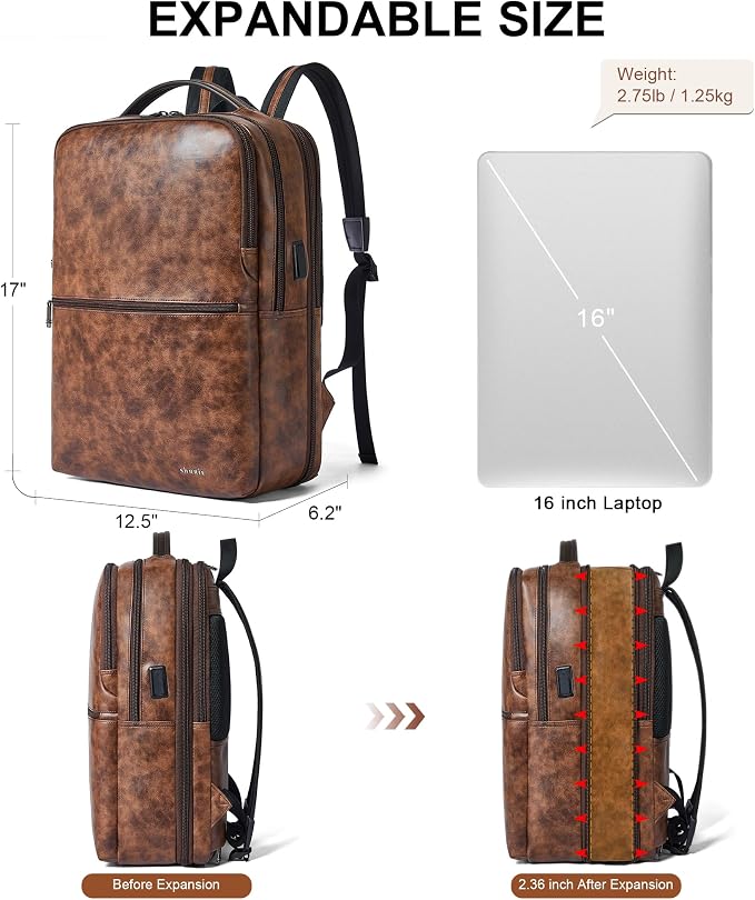 Vegan Leather Laptop Backpack for Women&Men, 16 Inch Expandable Backpack - Image 4