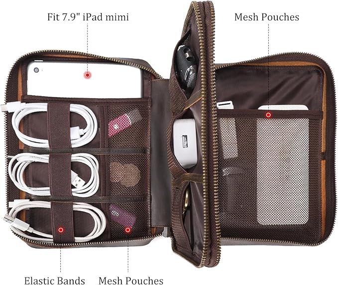 Polare Full Grain Leather Travel Cable Organizer Case Double Layer Electronics - Image 2