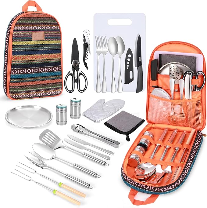 Portable Camping Kitchen Utensil Set-27 Piece Cookware Kit, Stainless Steel by Freehiker