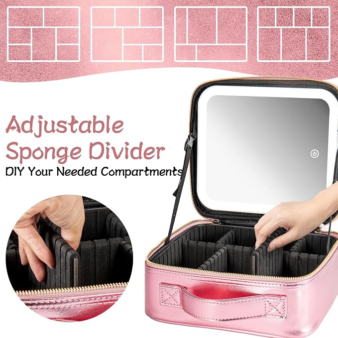 Makeup Travel Train Case with Mirror LED Light 3 Adjustable Brightness Large - Image 3