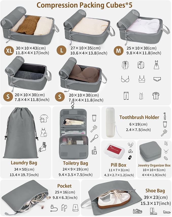 Compression Packing Cubes 12 Set, Suitcase Organizers, Extendable Packing Cubes - Image 2