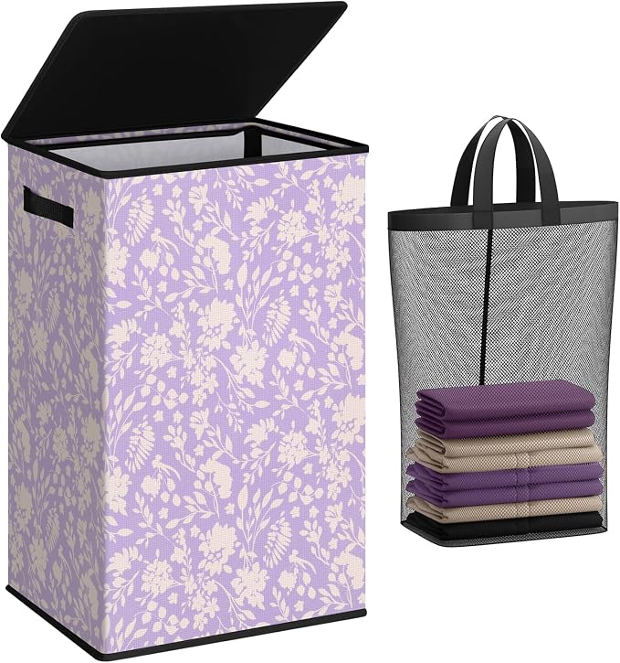 SOLEDI Laundry Hamper with Lid, 90L Tall & Large Floral Laundry Basket by SOLEDI