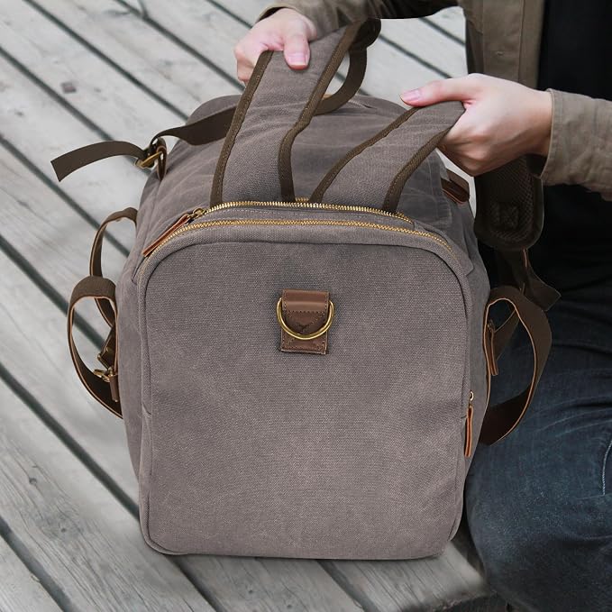 Vintage Canvas Duffle Bag, 50L Genuine Leather Travel Duffel Backpack - Image 7