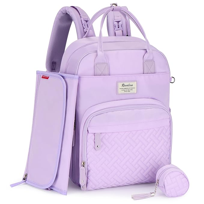 RUVALINO Diaper Bag Backpack, Large Capacity, Waterproof, Light Purple by RUVALINO