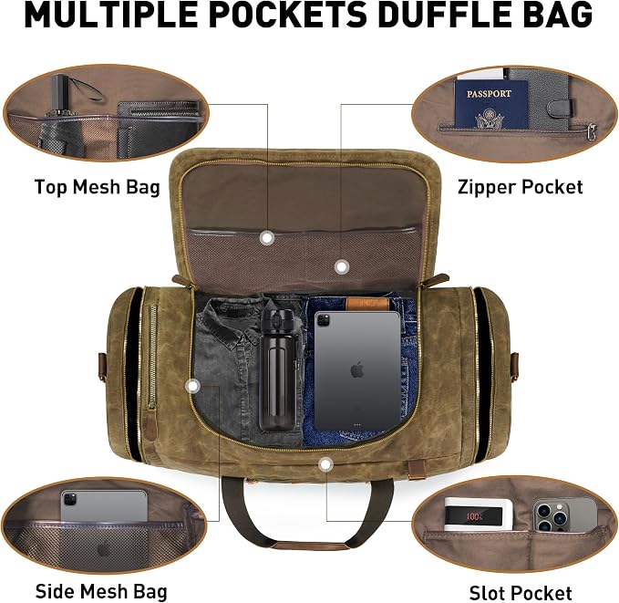 60L Travel Bags for Men, Nomad Washed Canvas Duffle Bag Vintage Genuine Leather - Image 4