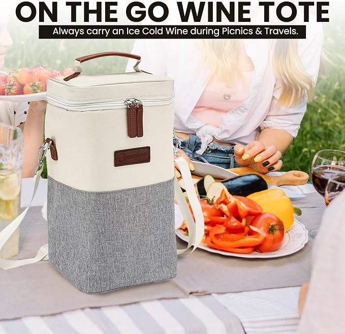 Insulated Wine Bag Cooler – Beige and Gray, Holds 4 Bottles, Wine Opener - Image 4