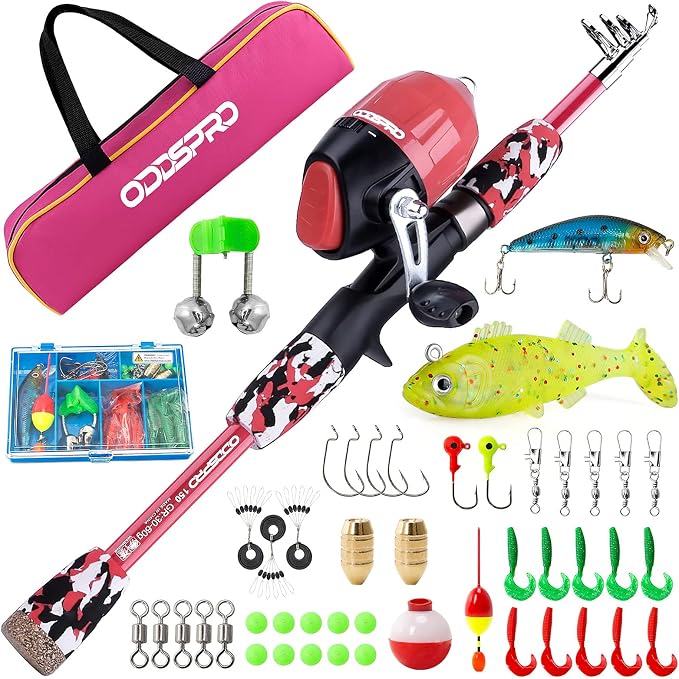 ODDSPRO Kids Fishing Pole Pink, Portable Telescopic Fishing Rod and Reel Combo by ODDSPRO