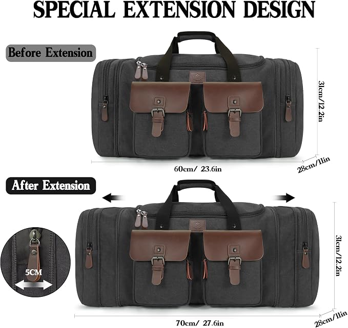 Canvas Duffle Bag for Men 60L Travel Duffel Bags Expandable Genuine Leather - Image 2