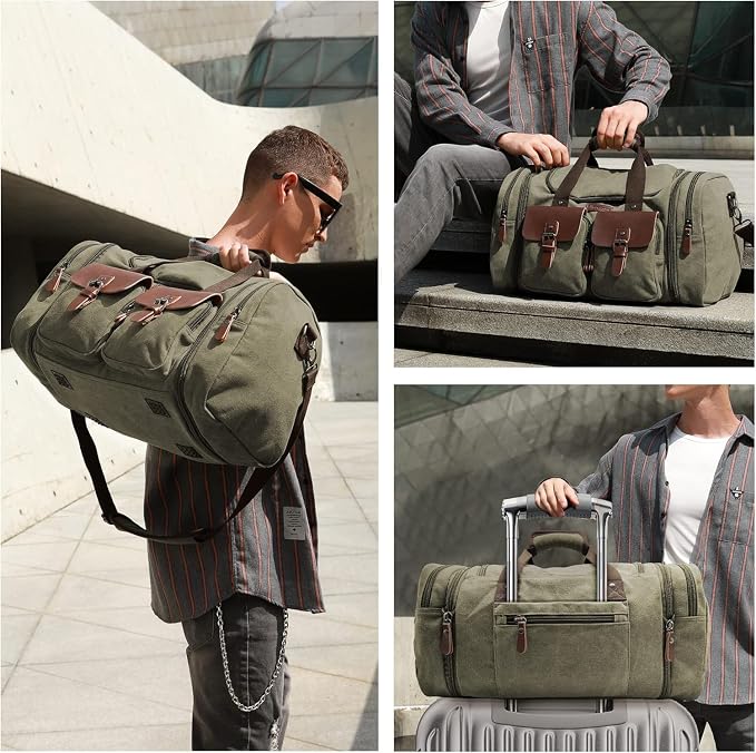 Wildroad 60L Travel Duffel Bag, Expandable Canvas Genuine Leather Duffle Bag - Image 2