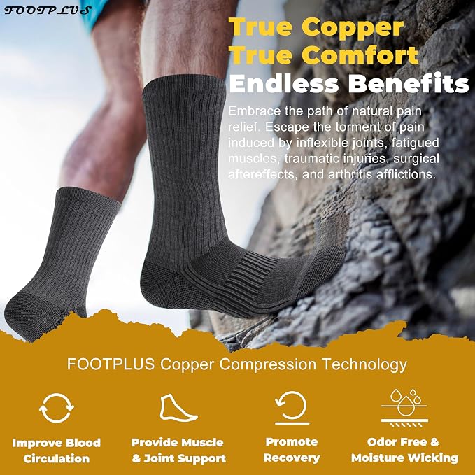 FOOTPLUS Hiking Copper Compression Socks, Unisex Cushioned Sole Arch Support - Image 2