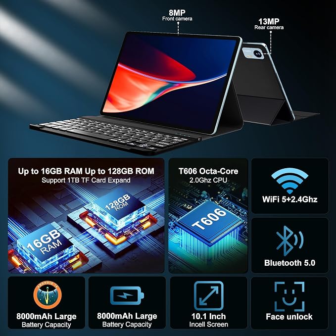 Android 14 Tablet with Keyboard，16GB RAM 128GB ROM 1TB Expand, 8000mAh Battery - Image 3