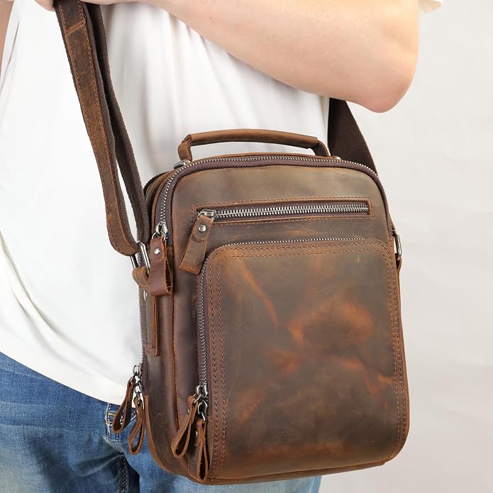 KPYWZER Genuine Leather Shoulder Bag Small Men Messenger Pack Handbag Sling - Image 4
